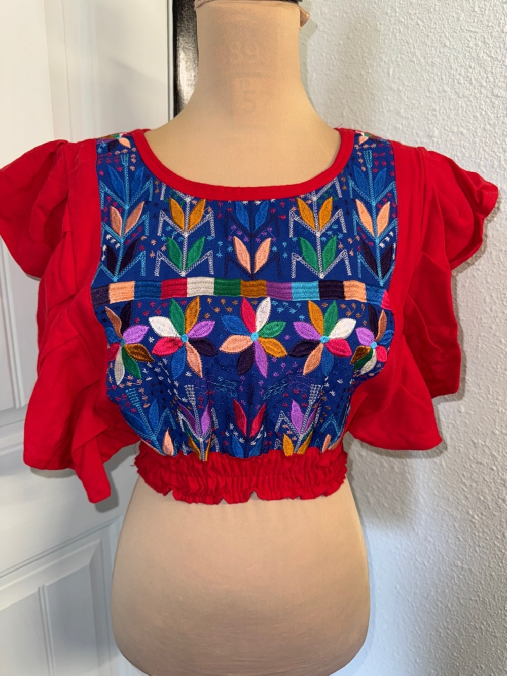 New Embroidered Red Floral Crop Top